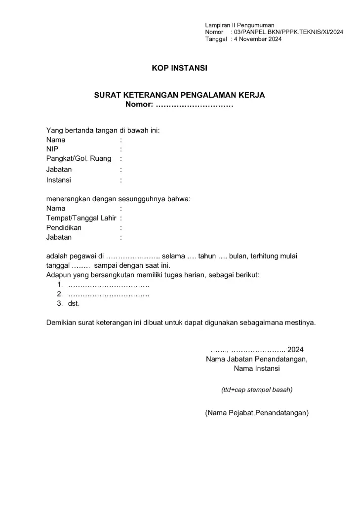 Contoh Surat Keterangan Kerja untuk PPPK