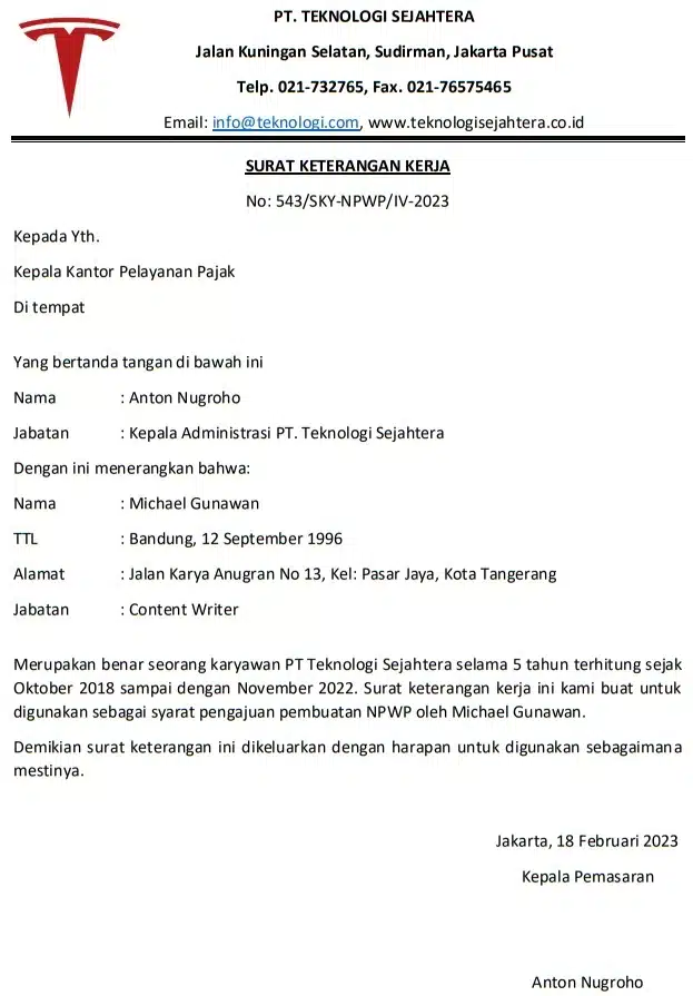 Contoh Surat Keterangan Kerja untuk Pembuatan NPWP