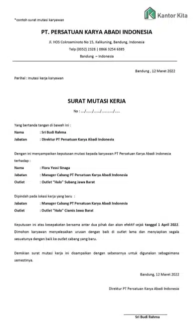 Contoh Surat Mutasi Kerja 1