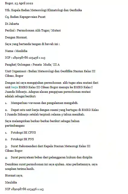 Contoh Surat Mutasi PNS