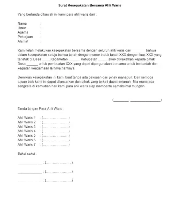Contoh Surat Perjanjian Kesepakatan Bersama Ahli Waris