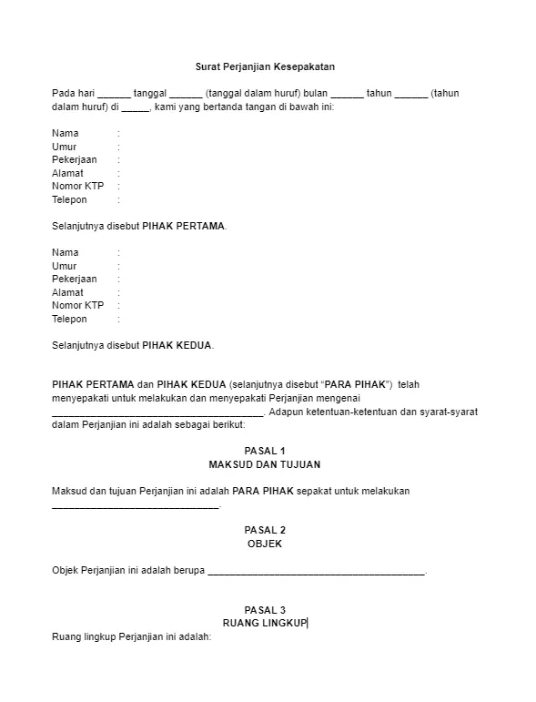 Contoh Surat Perjanjian Kesepakatan Bersama Sederhana