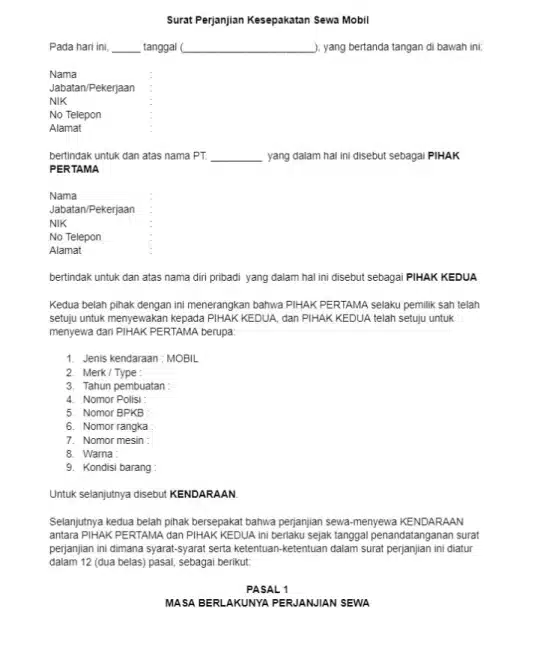 Contoh Surat Perjanjian Kesepakatan Sewa Mobil