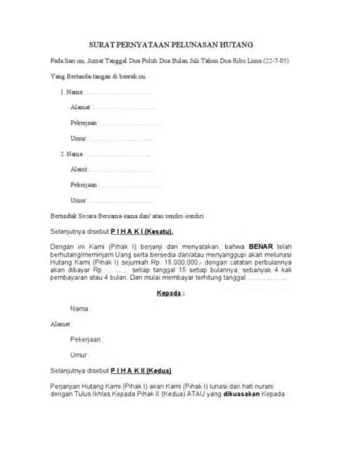 Contoh Surat Perjanjian Pelunasan Hutang 1