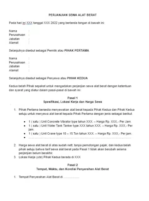 Contoh Surat Perjanjian Sewa Alat Berat