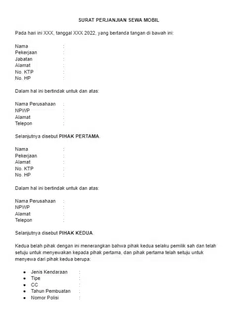 Contoh Surat Perjanjian Sewa Mobil dan Tips Membuatnya