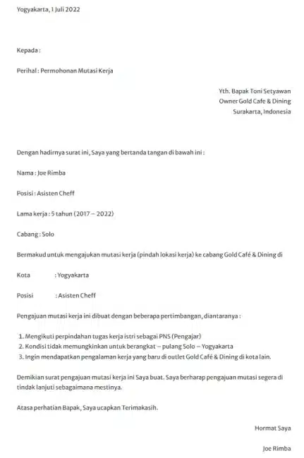 Contoh Surat Permohonan Mutasi Kerja