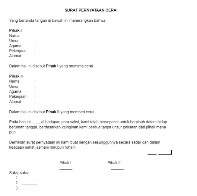 Contoh Surat Pernyataan Cerai 2
