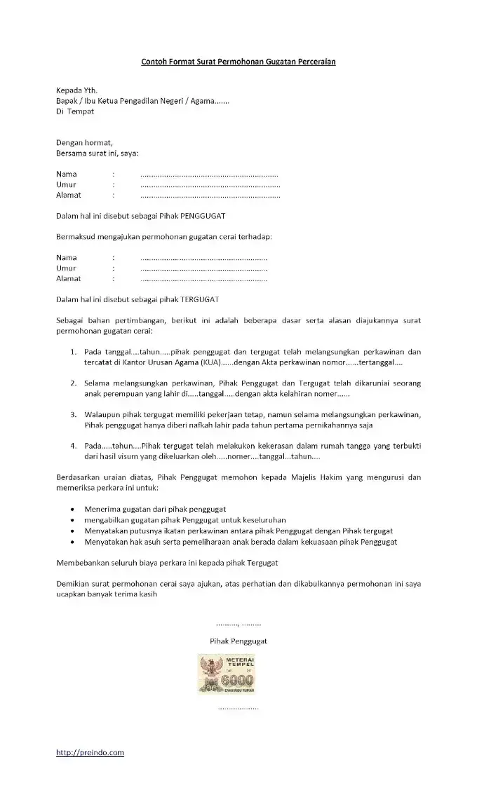 Contoh surat pernyataan cerai di atas meterai