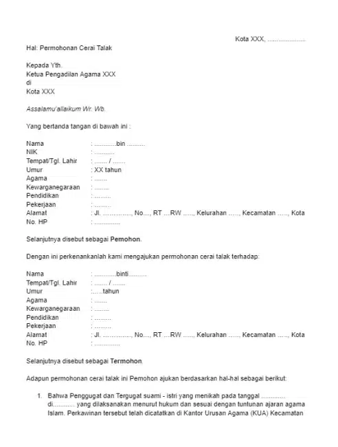 contoh template surat permohonan talak cerai