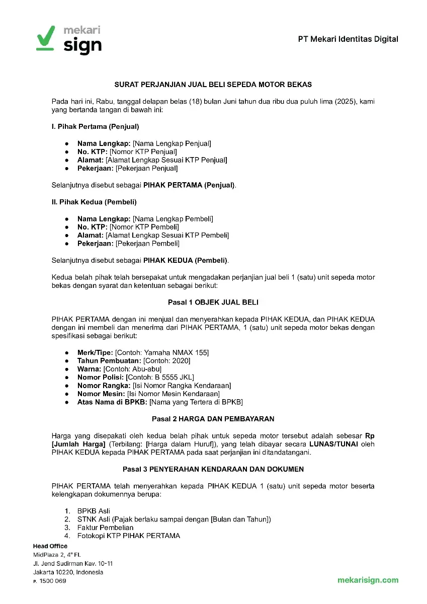 Contoh Surat Jual Beli Motor Bekas - Mekari Sign