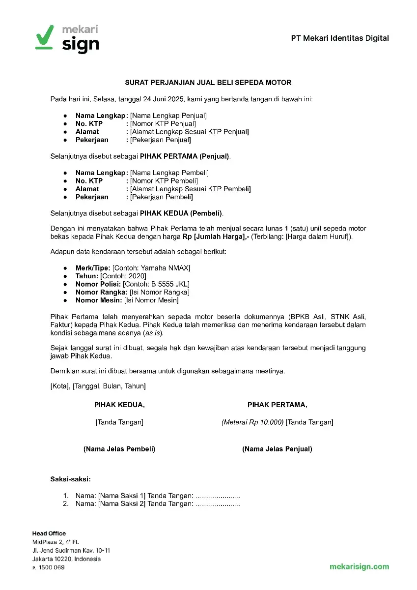 Contoh Surat Jual Beli Motor Bermeterai - Mekari Sign