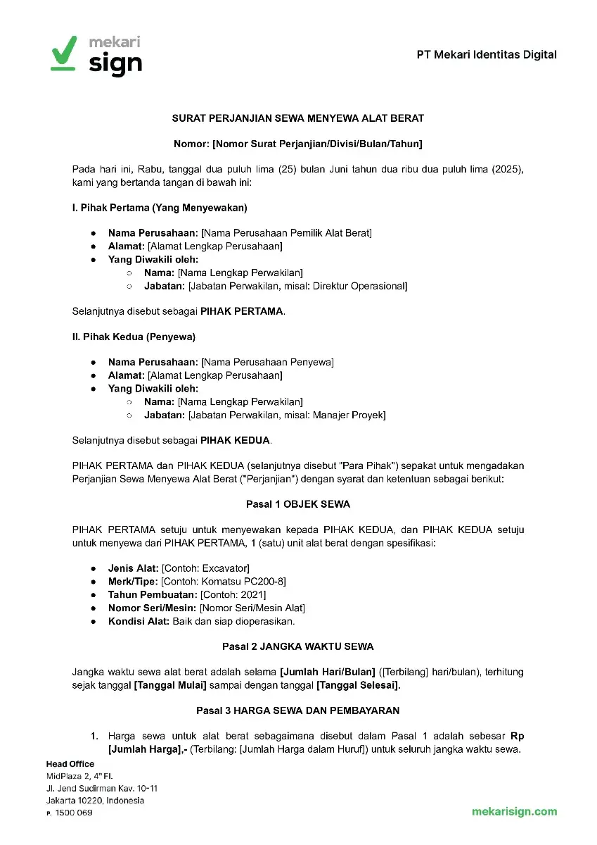 Contoh Surat Perjanjian Sewa Menyewa Alat Berat