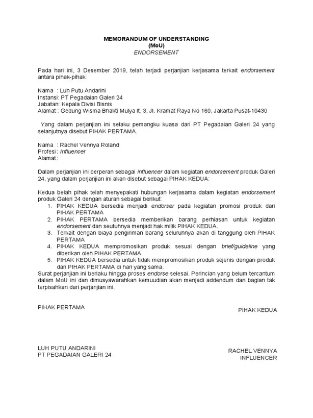 Contoh Kontrak Endorsement 1