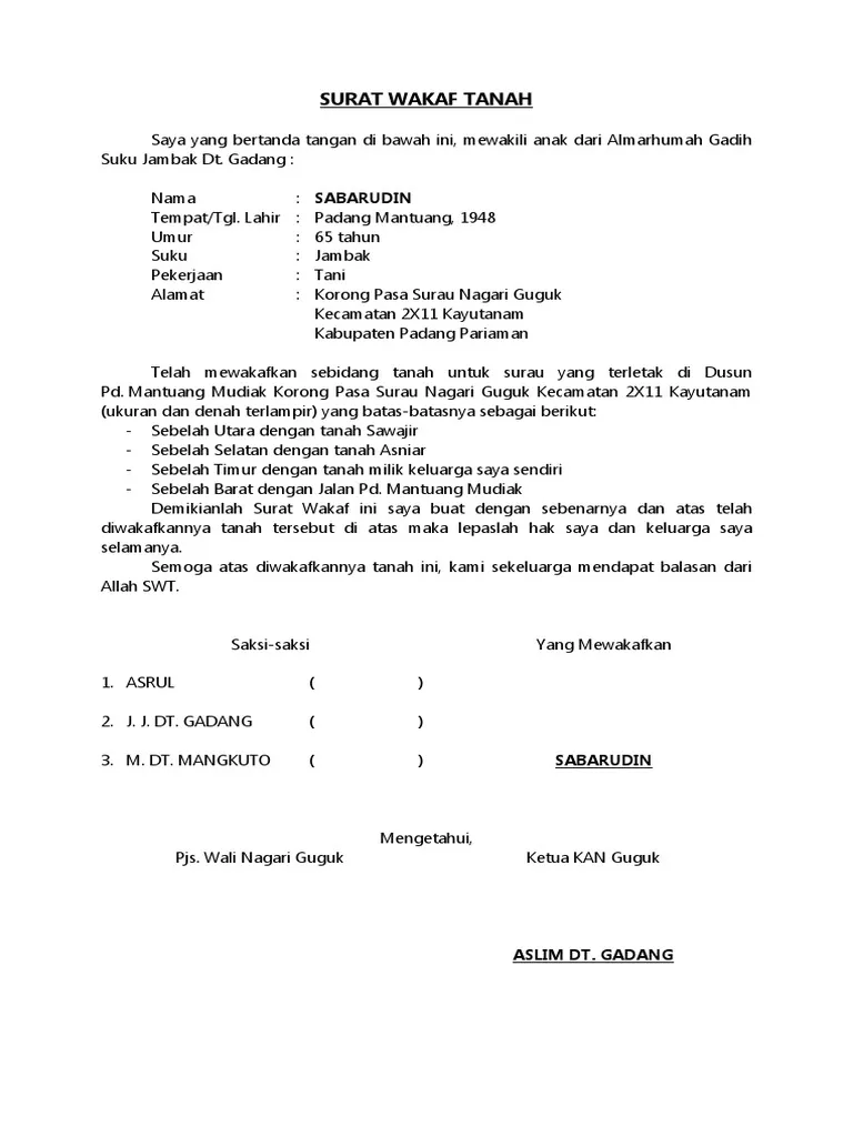 Contoh Surat Hibah Tanah Wakaf