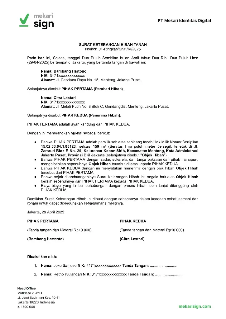 Contoh Surat Hibah Tanah dari Orang Tua ke Anak