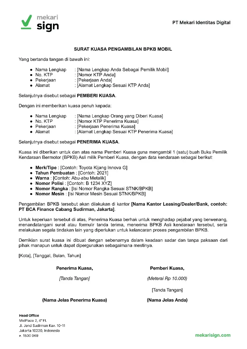 Contoh Surat Kuasa Pengambilan BPKB Mobil