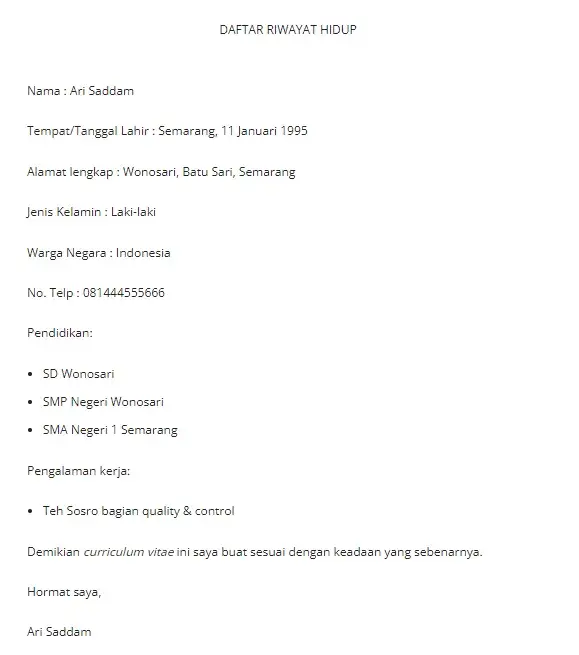 Contoh Surat Riwayat Hidup Singkat