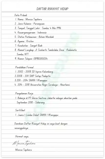 Contoh Surat Riwayat Hidup Tulis Tangan Fresh Graduate