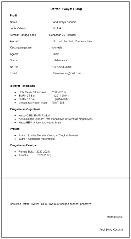 Contoh Surat Riwayat Hidup Umum