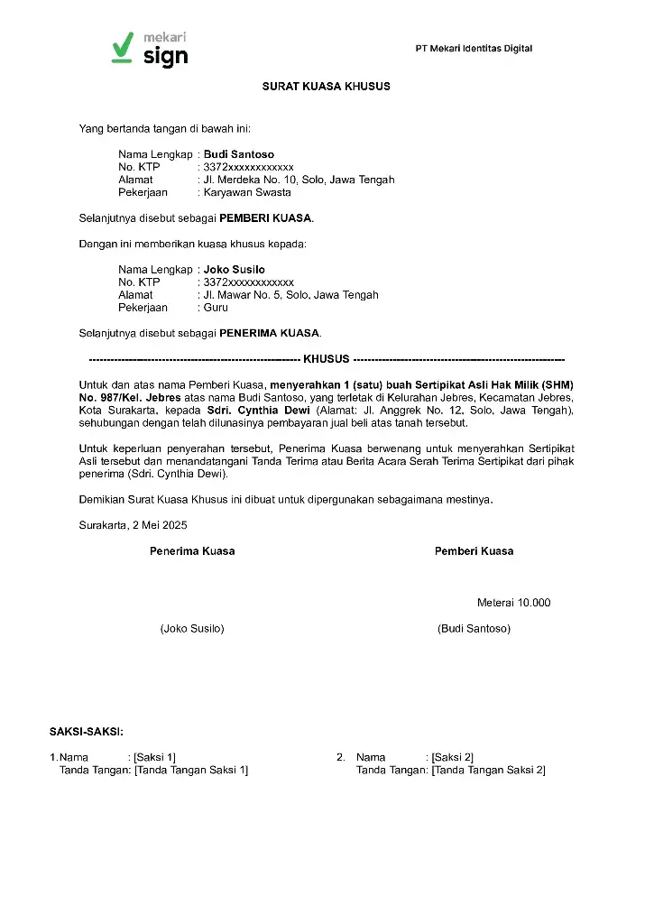 Contoh Surat Kuasa Penyerahan Sertifikat Tanah