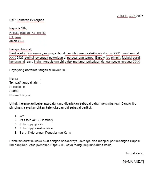 Contoh Surat Lamaran Pekerjaan Berdasarkan Iklan di Website