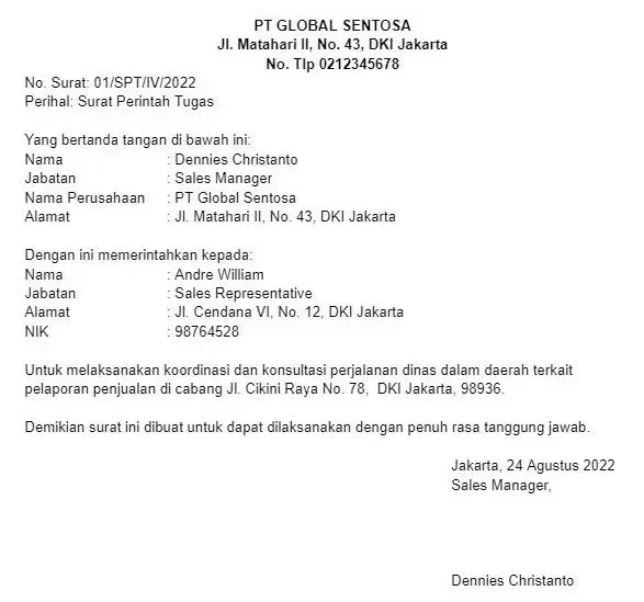 Contoh Surat Perjalanan Dinas Sales