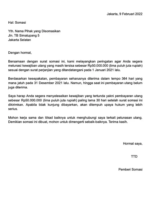 Contoh Surat Somasi Penagihan Hutang