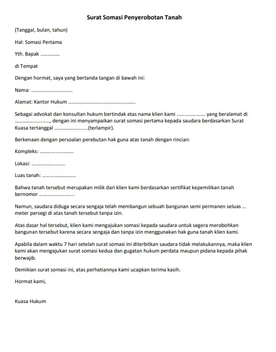 Contoh Surat Somasi Penyerobotan Tanah