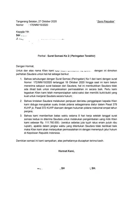 Contoh Surat Somasi Tentang Penipuan