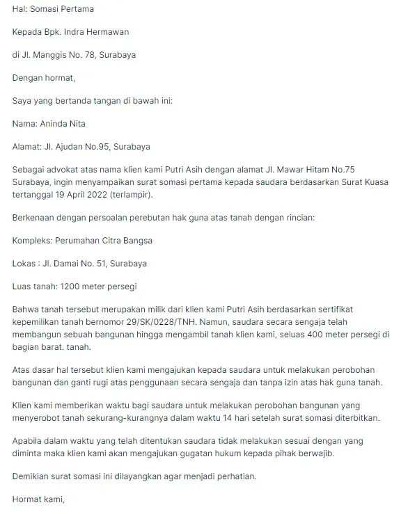 Contoh Surat Somasi dengan Pengacara