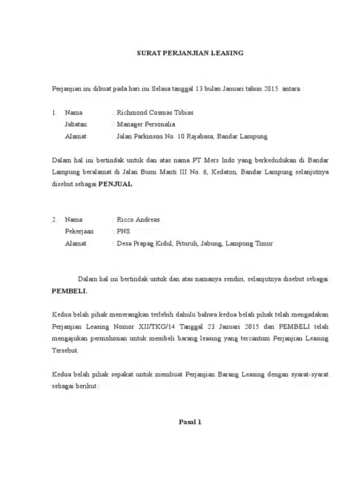 Perjanjian Leasing merupakan salah satu contoh perjanjian tak bernama