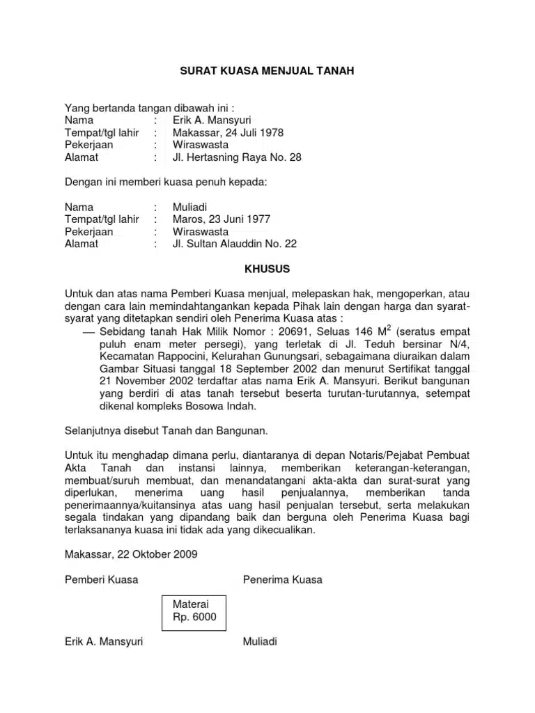 Surat Kuasa Menjual Tanah di Notaris