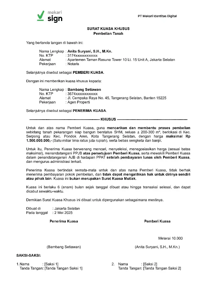 Surat Kuasa Pembelian Tanah