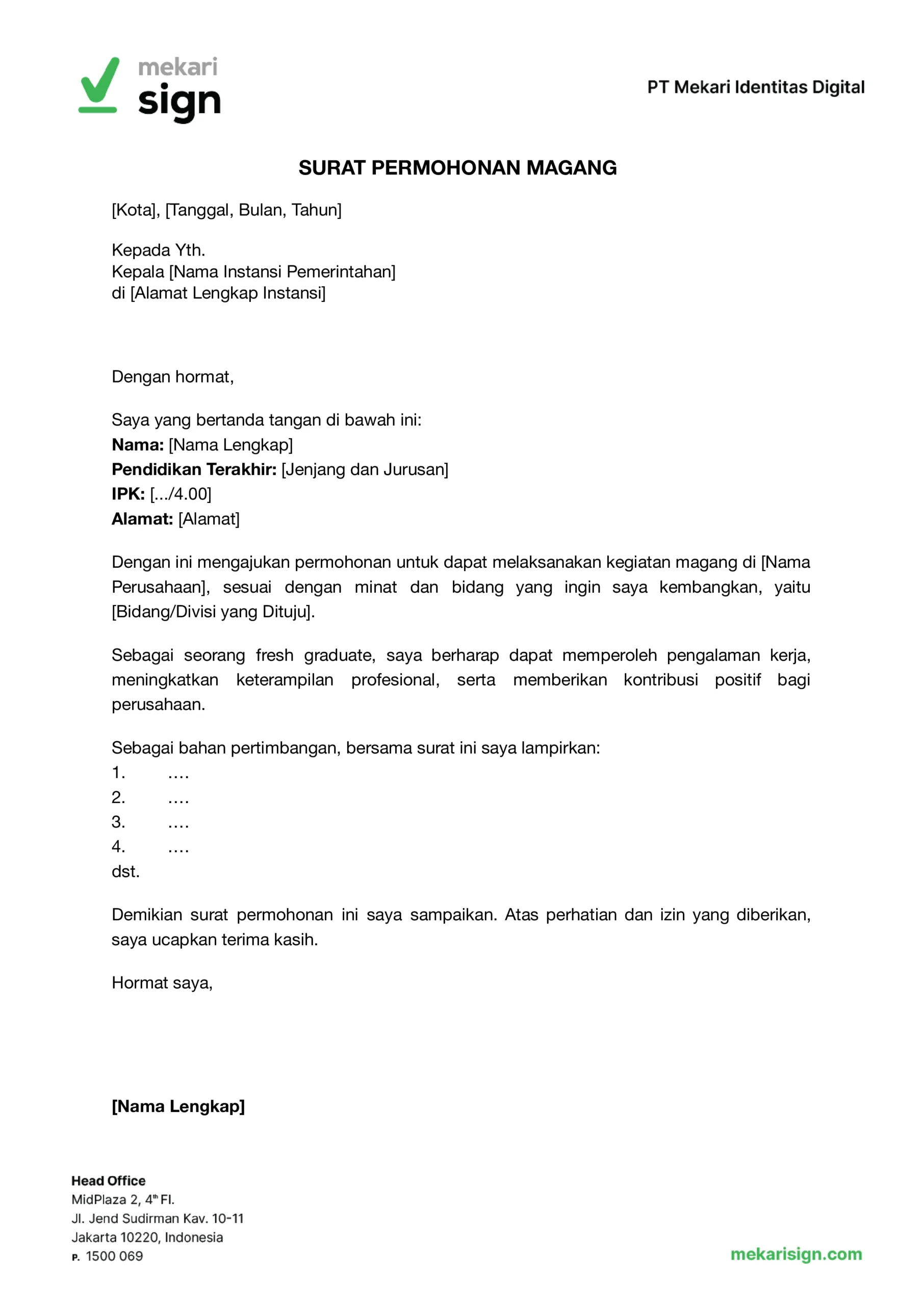 contoh surat permohonan magang fresh graduate di mekari sign