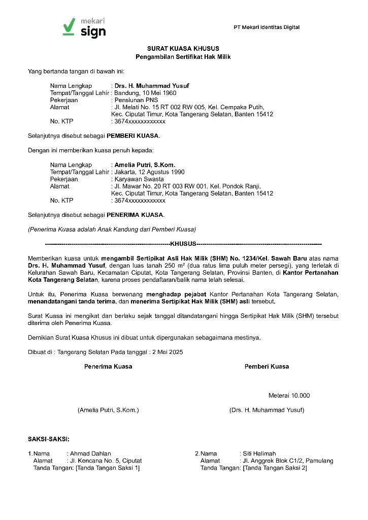 surat kuasa Pengambilan Sertifikat tanah