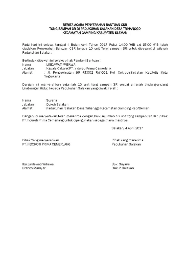 Contoh Berita Acara Serah Terima Bantuan CSR
