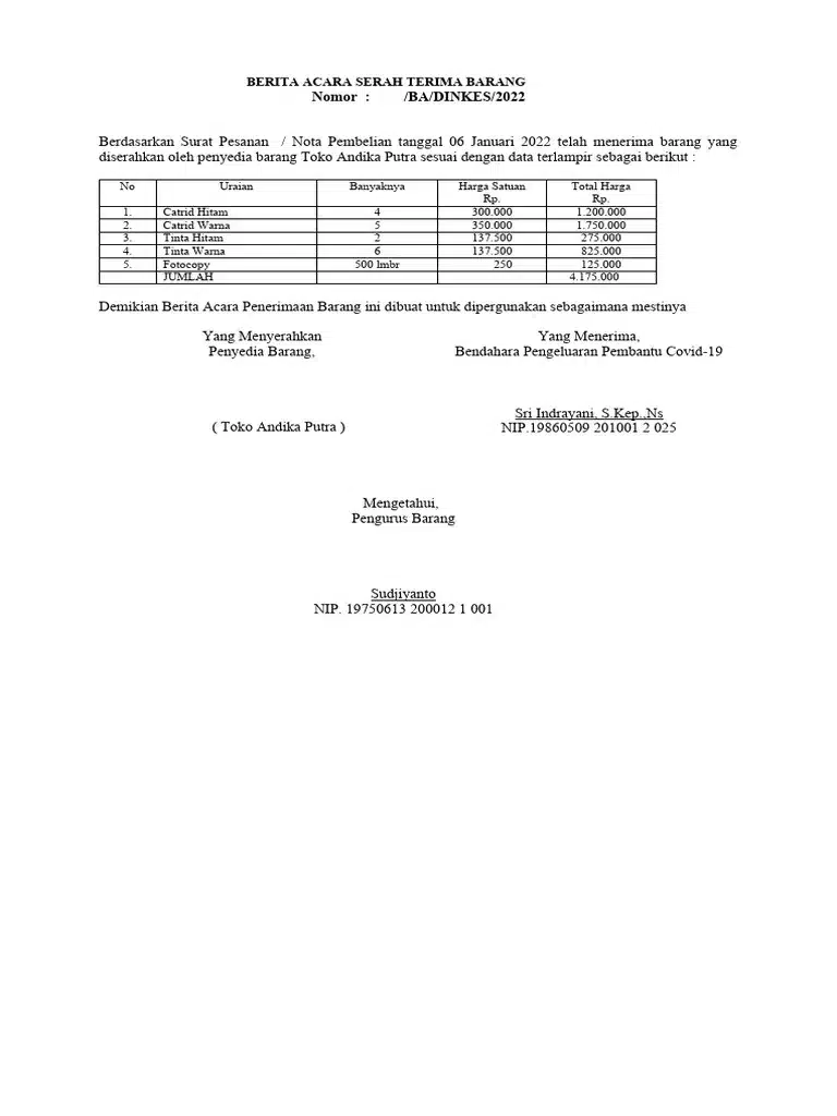 Contoh Berita Acara Serah Terima Barang ATK