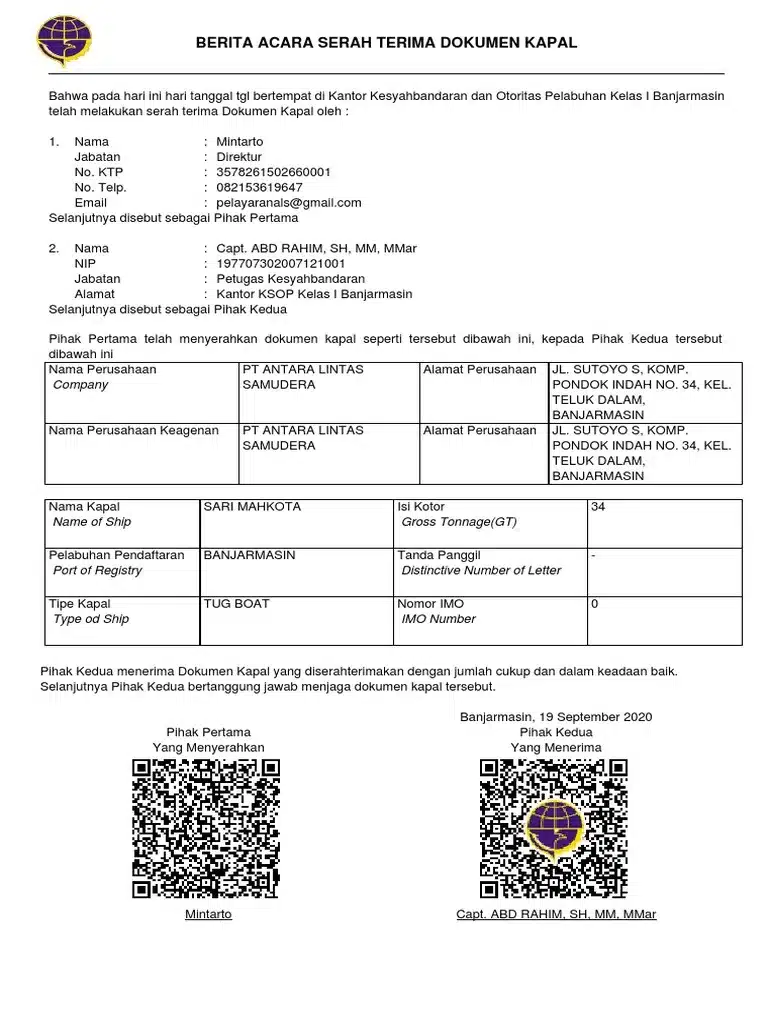 Contoh Berita Acara Serah Terima Kapal