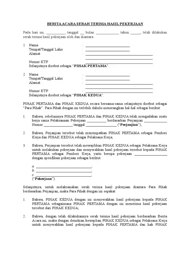 Contoh Berita Acara Serah Terima Pekerjaan Proyek