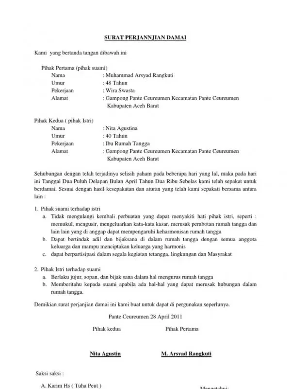 Contoh Surat Perjanjian Damai Masalah Rumah Tangga