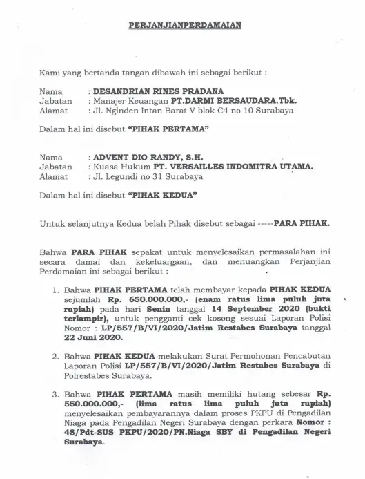 Contoh Surat Perjanjian Damai Sederhana 2