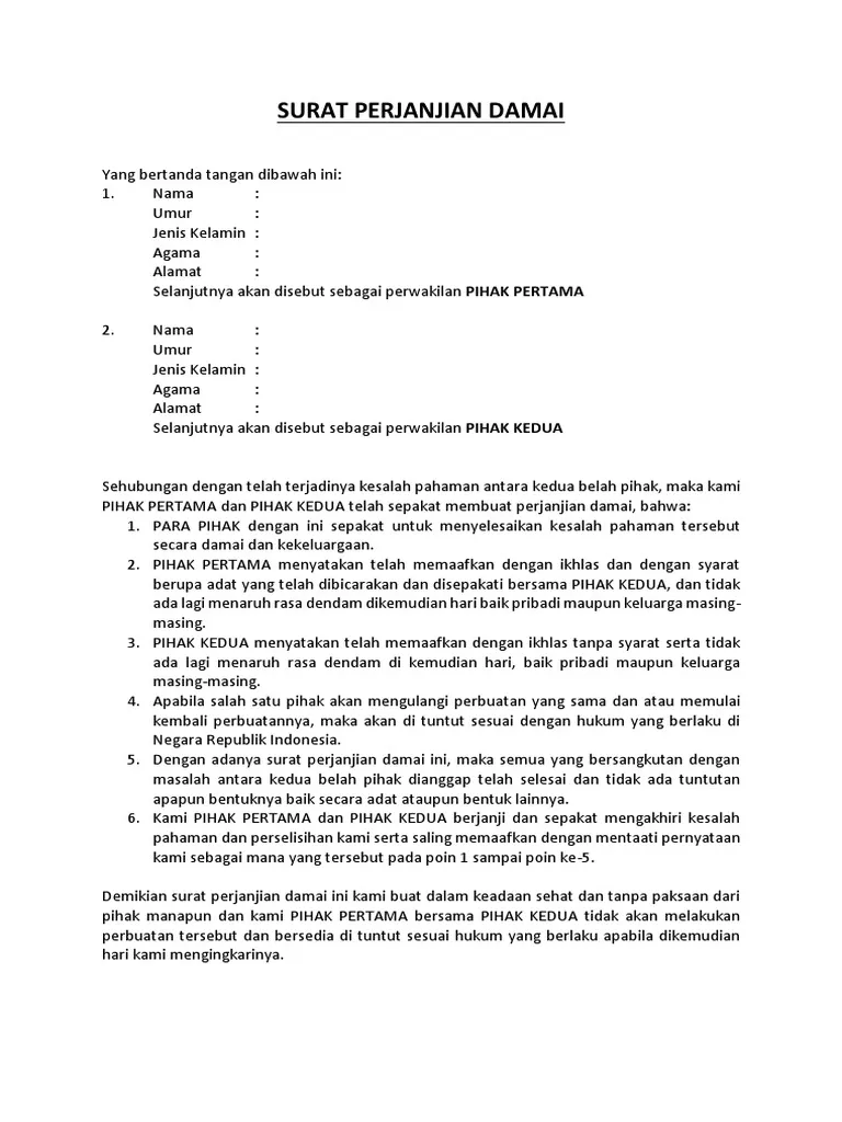 Contoh Surat Perjanjian Damai Sederhana 3