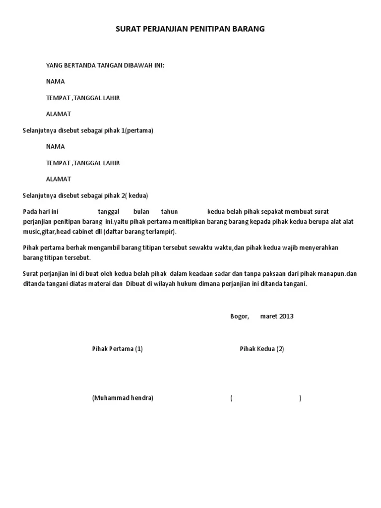 Contoh Surat Perjanjian Penitipan Barang