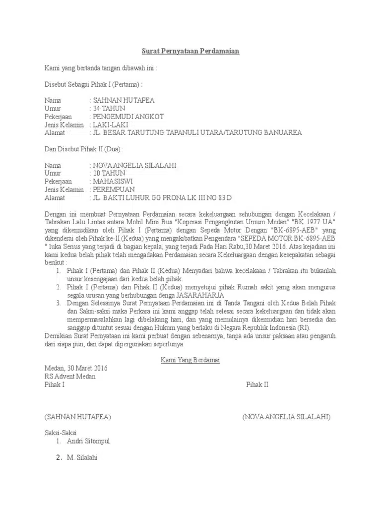 Contoh Surat Pernyatan Damai Kecelakaan 1