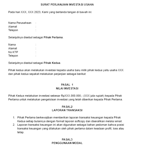 Contoh Surat Perjanjian Investasi Usaha
