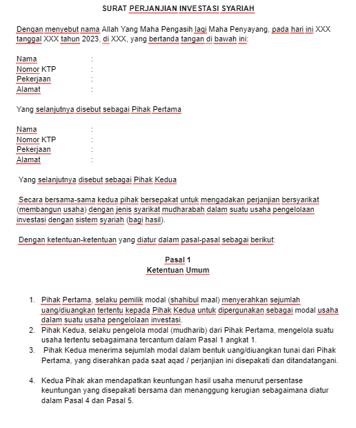 Contoh Surat Perjanjian Kerjasama Investasi Syariah
