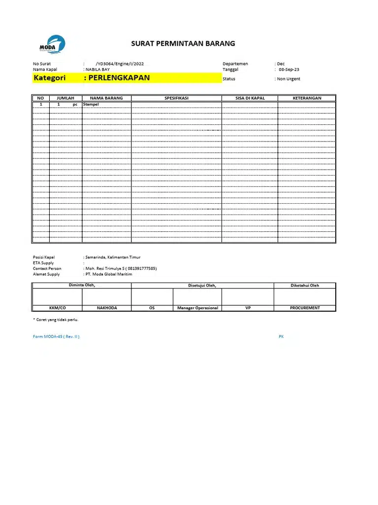 Contoh Surat Permintaan Barang Di Kapal