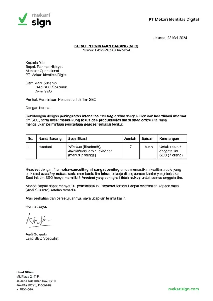 Detail Contoh Surat Permintaan Barang Kepada Atasan - Mekari Sign