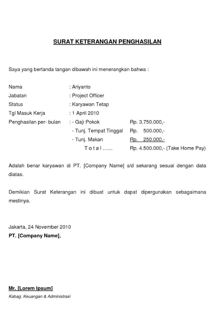 Contoh Surat Keterangan Penghasilan Karyawan 3